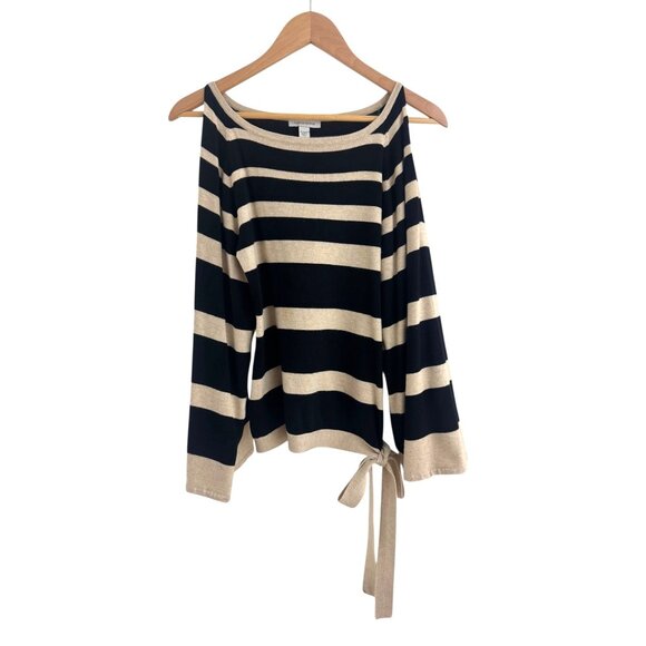 Boston Proper Black Tan Striped Soft Sweater Cold Shoulder Size XS Knit Top Fall - Picture 2 of 7